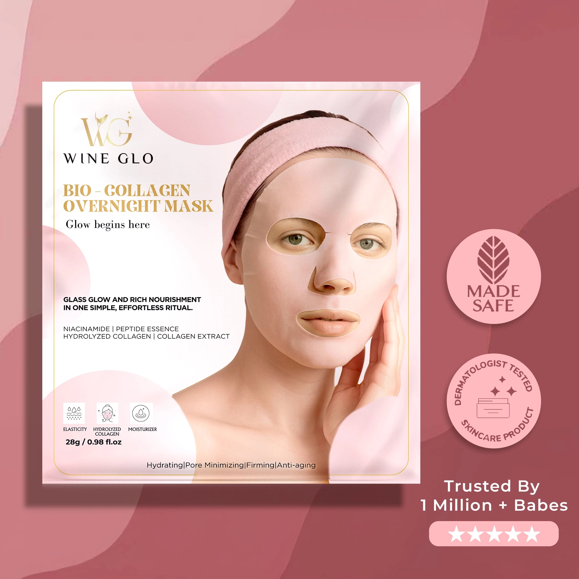 WineGlo Pink Bio Collagen Day & Night Face Mask For Anti-Aging & Hydrated Skin