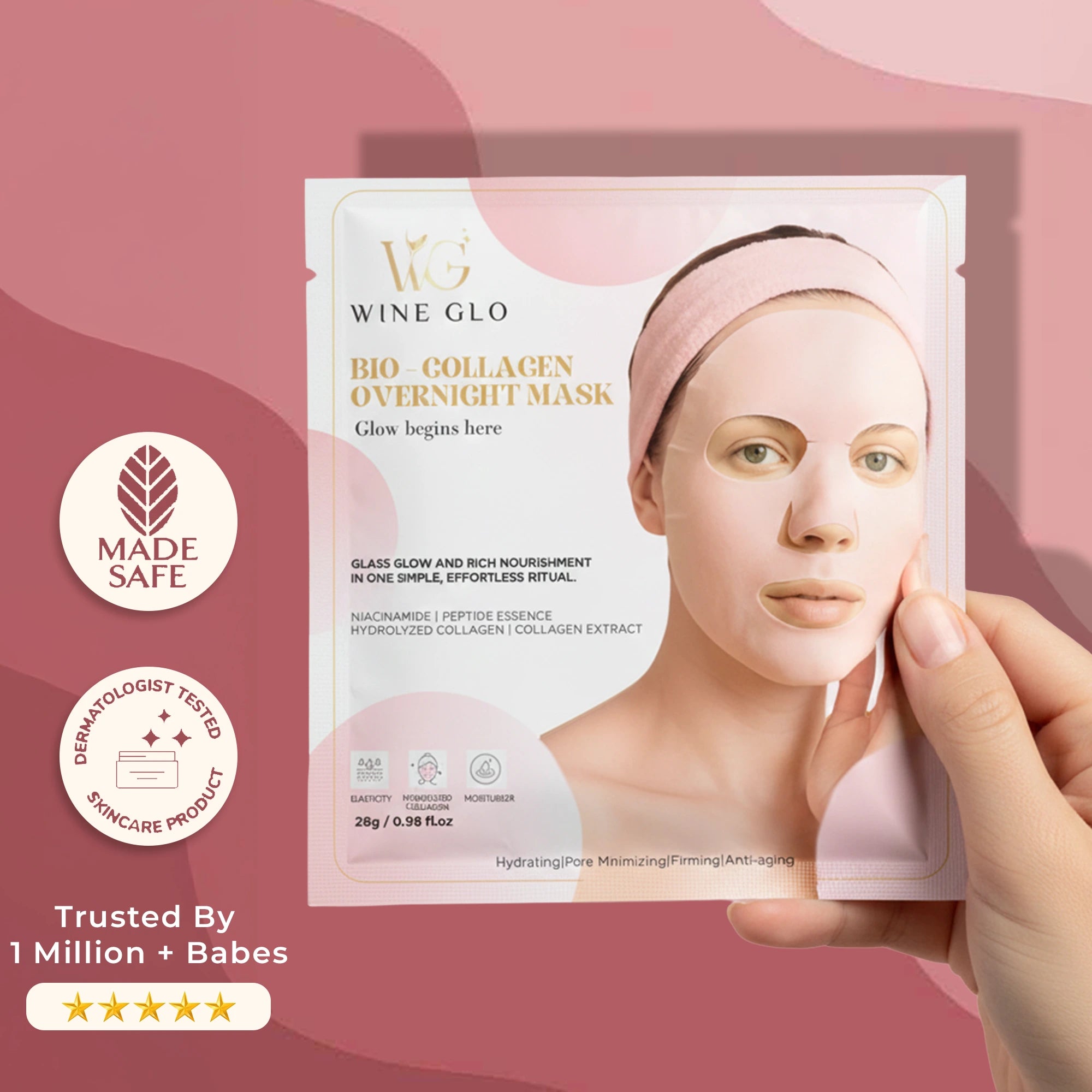 WineGlo Pink Bio Collagen Radiance Face Mask  Youth-Boosting Anti-Aging & Intense Hydration